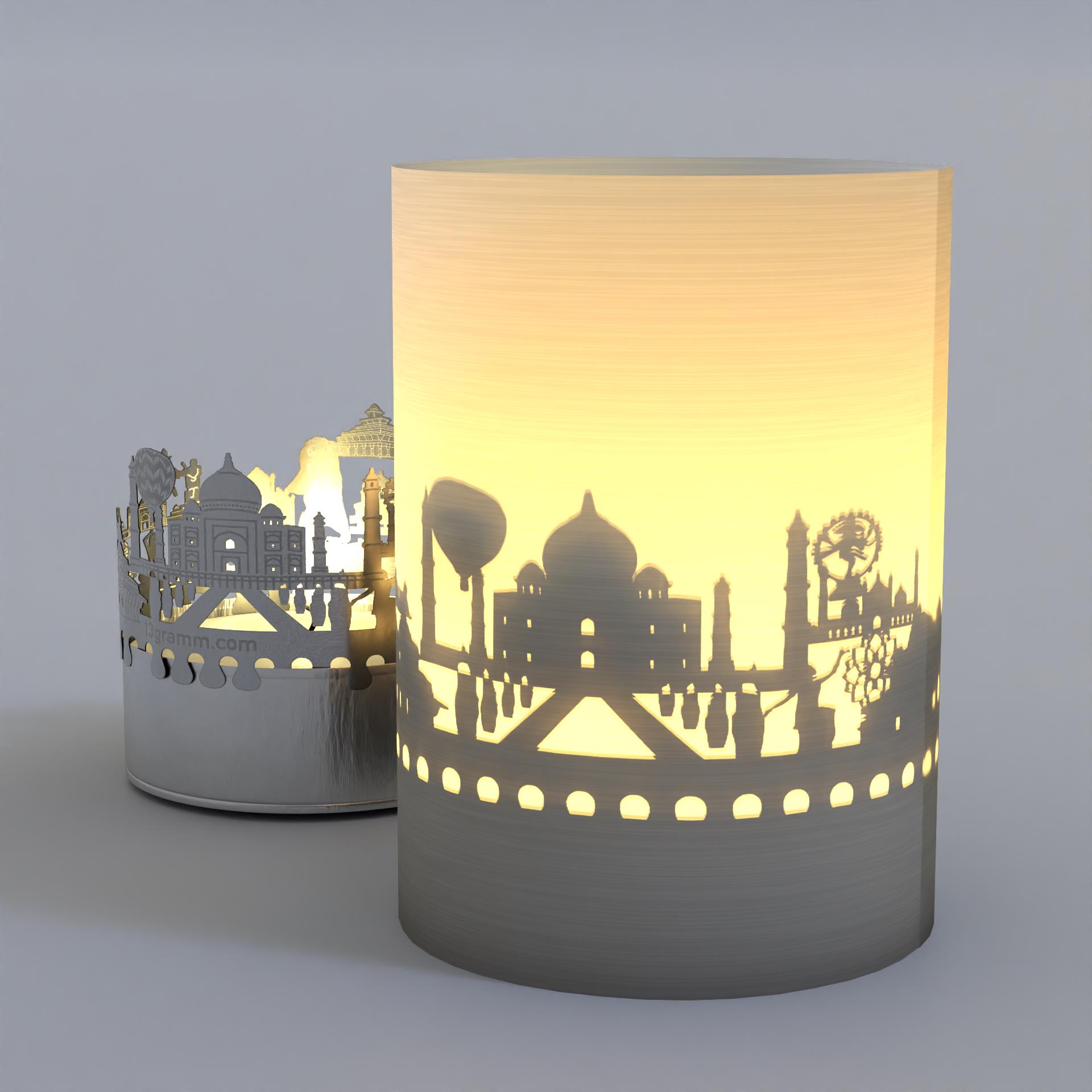1408_Agra_Firmen-Praesent_Schattenspiel_Postkarte_Motive_Jawab-Masjid_Grabmal-von-Itimad-ud-Daulah_Birbal-Bhavan_Taj-Mahal_Jama-Masjid_Rambagh-Palace