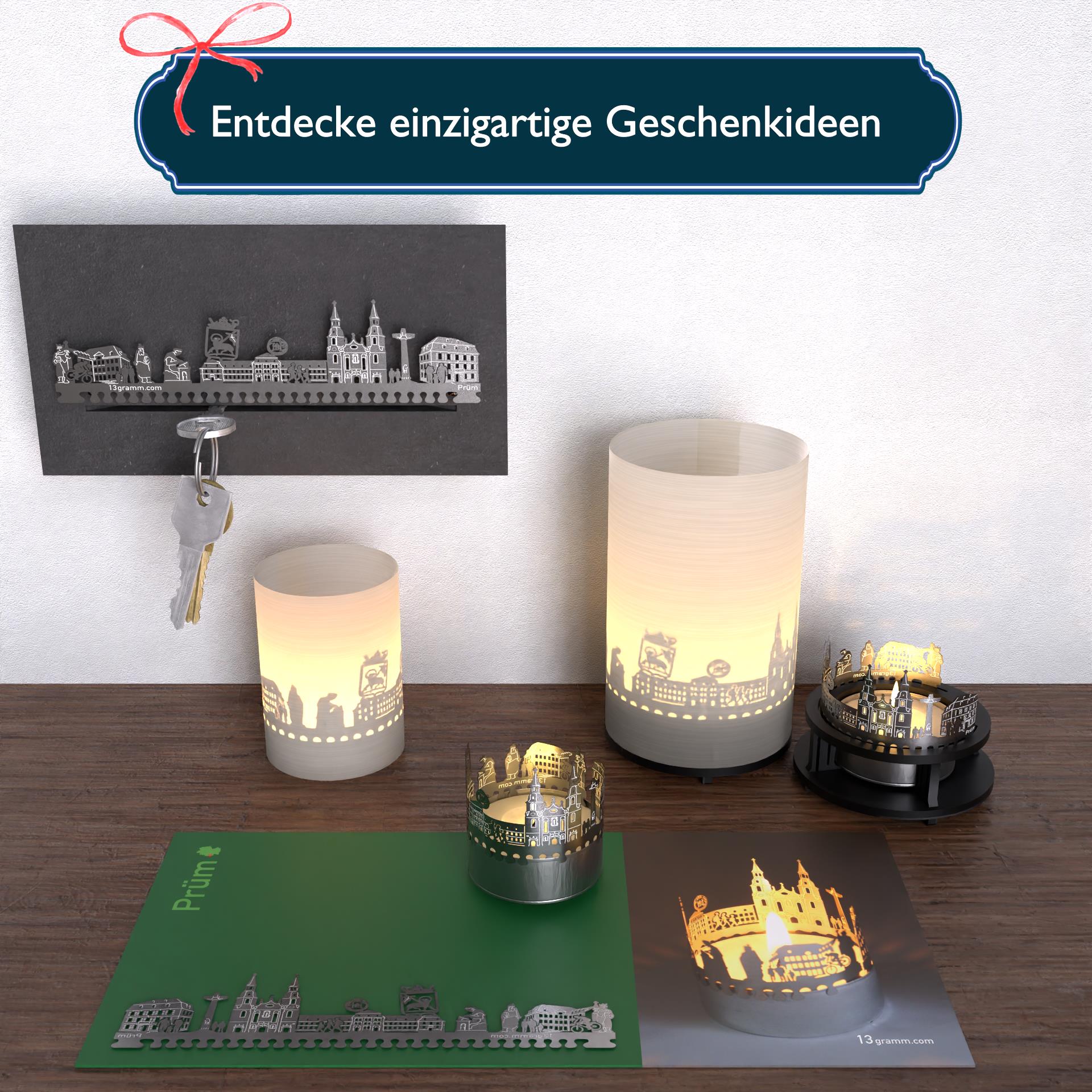 145_Pruem_Geschenk_Kerze_Souvenir_Stimmungslicht_Andenken_Teelicht-Windlicht_Postkarte_Skyline-Projektion_Pruem-Motive_Pipin-III_Karl-der-Grosse_Abt-Regino_2