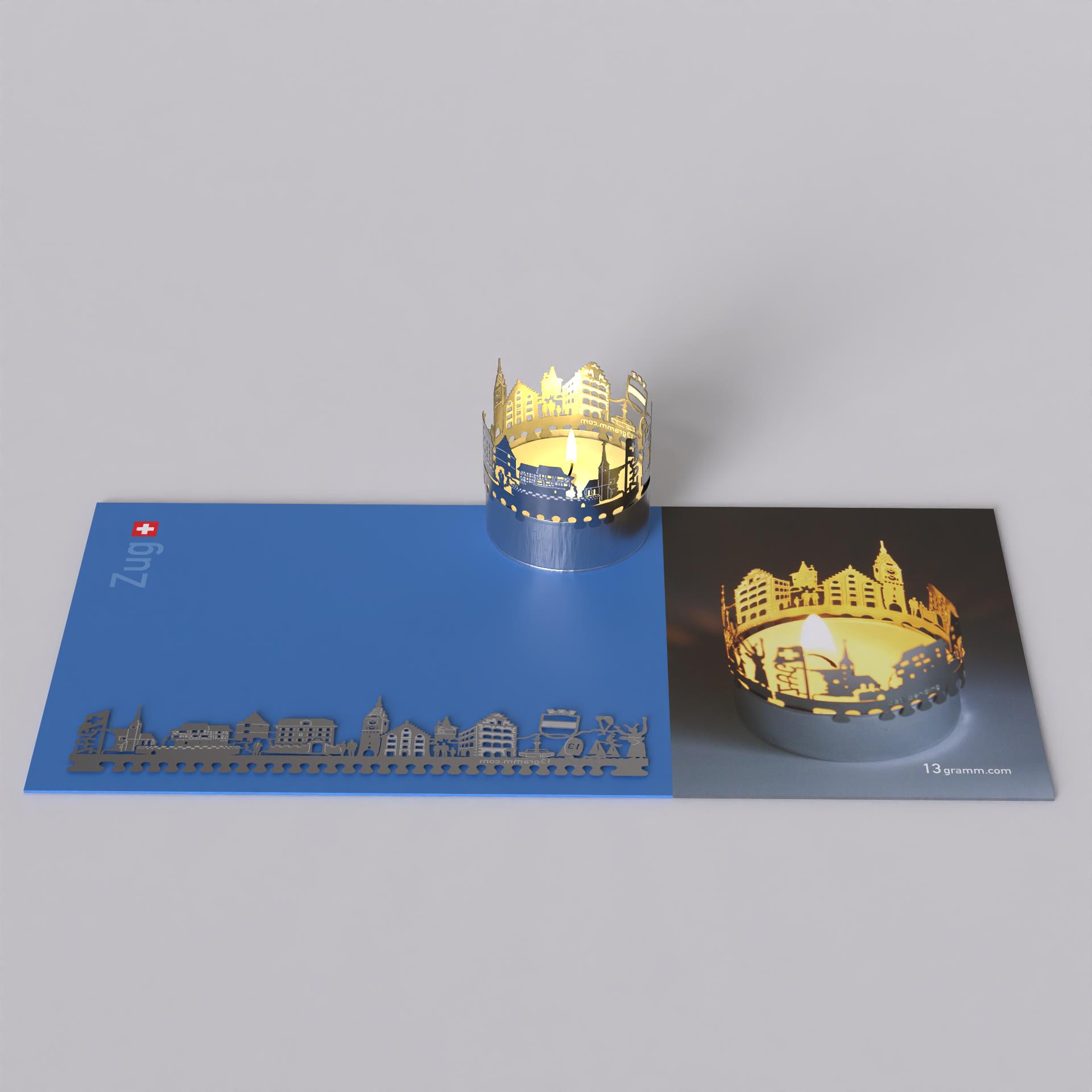 163_Zug_Geschenk_Kerze_Skyline_Souvenir_Schattenspiel_Zuger-See_Kapuzinerturm_Kolinplatz_Zytturm_Kunsthaus-Zug_Huwilerturm_Burg-Zug_St_Oswalds-Kirche_Postkarte