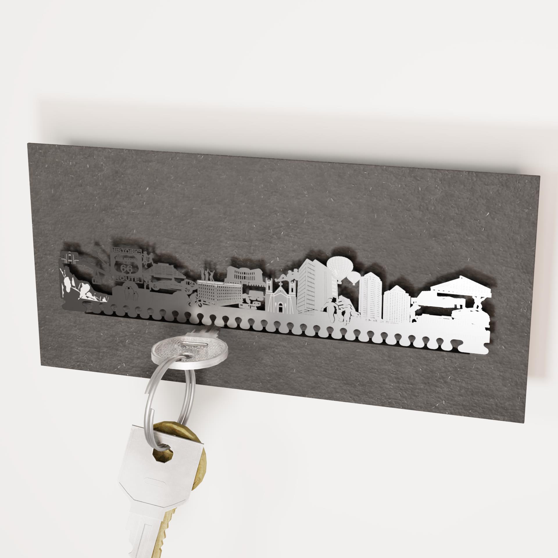 2343_Schluesselbrett-mit-Albuquerque-Motiven_handgefertigt_einzigartige-Dekoration_Albuquerque-Skyline_Sandia-Peak-Tramway_Route-66_Pyramid-North_Hyatt-Regency