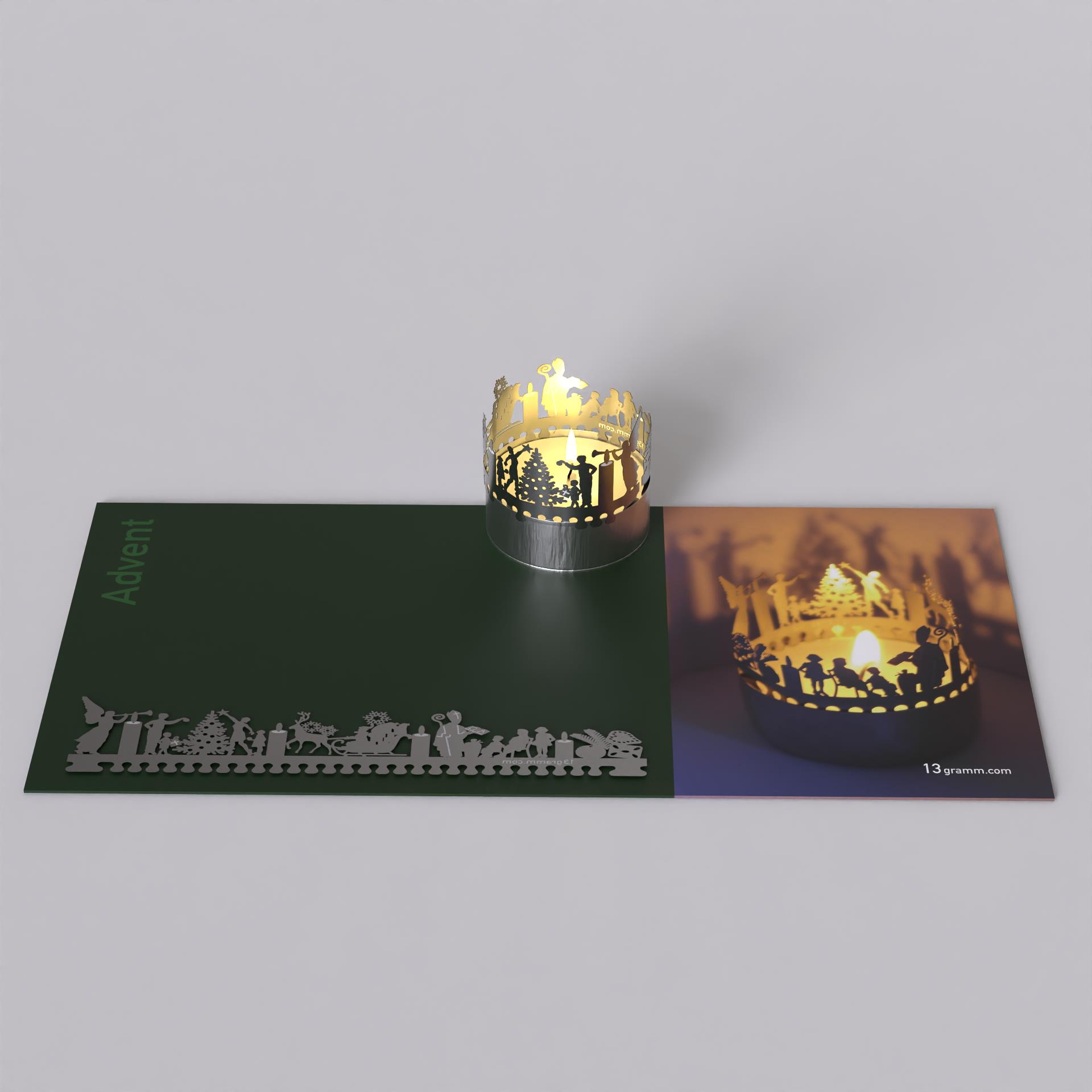2_Advent_Weihnachten_Teelicht_Schattenspiel_Motivkerze_Postkarte_Geschenk_Adventskranz_Engel_Schneeflocken_Geschenke_Tannenzweige