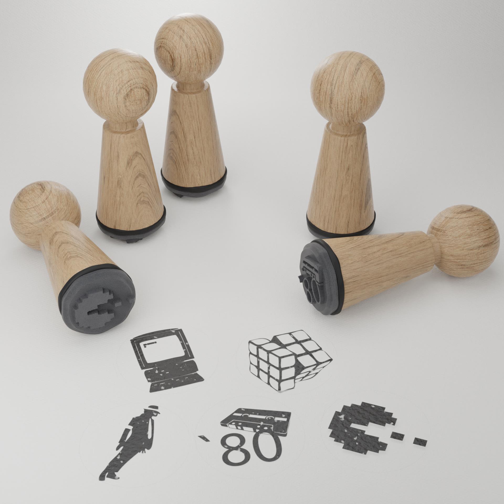 9887_Stempel-mit-80er-Motiven_Basteln-und-Verzieren_Retro-Geschenk_Partyspiel_Modeikonen_Polaroid-Kamera_Schulterpolster_Rubiks-Cube_Walkman_Zigarettenspitzen
